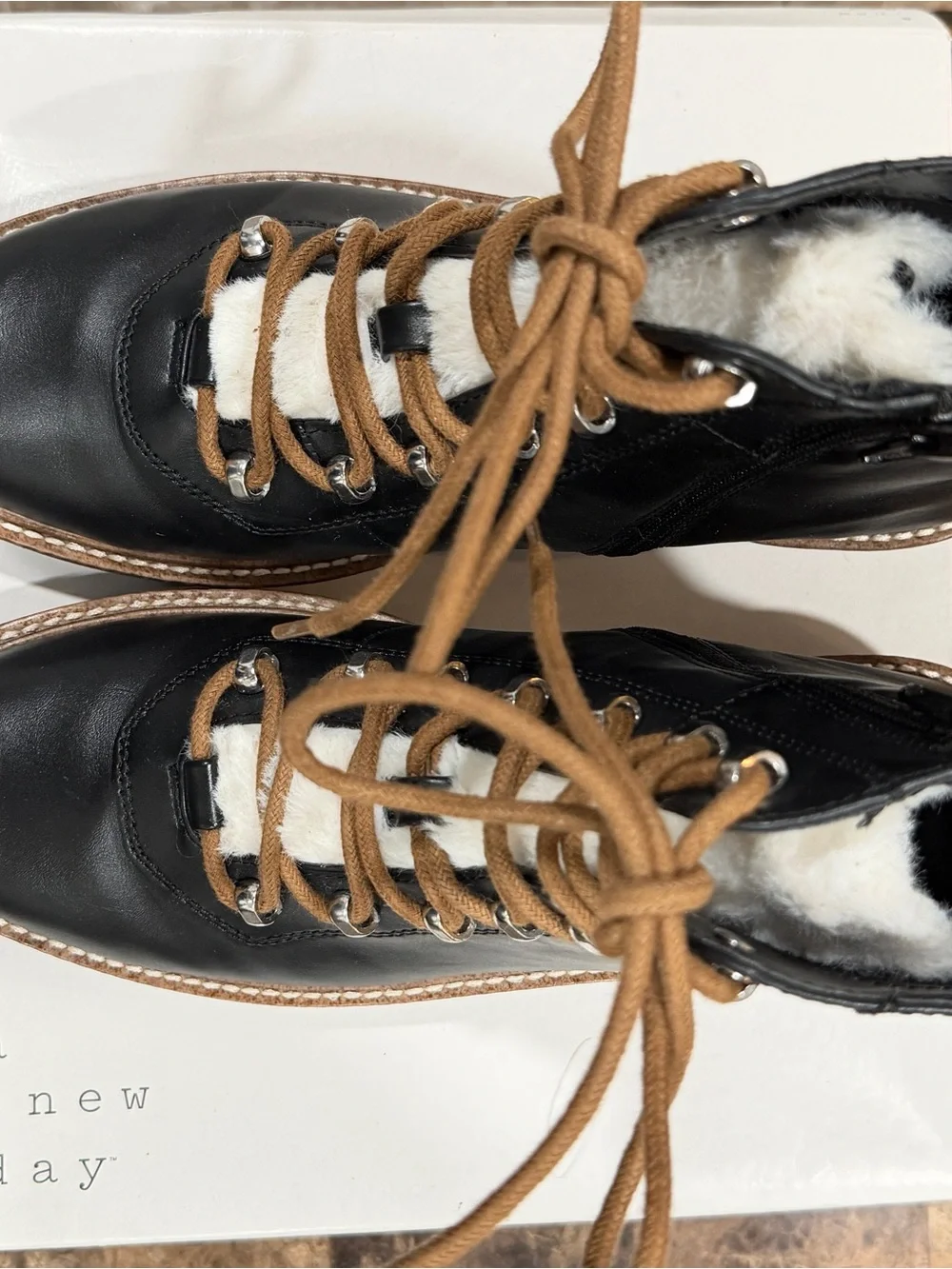 a new day Black Ankle Boots with Tan Laces
